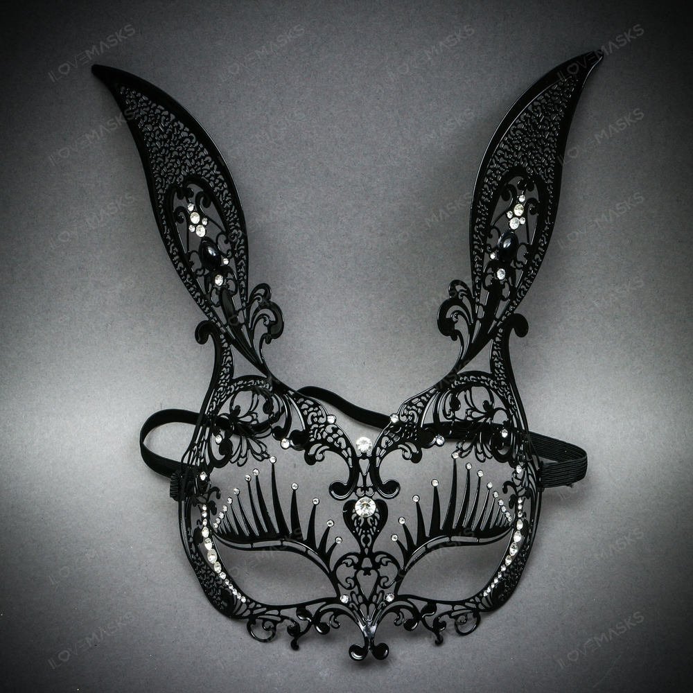 Bunny Rabbit Metal Laser Cut Silver Rhinestones Masquerade Mask - Black